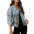 thumbnail image 3 of Womens Button Down Distressed Leopard Denim Jean Jacket Washed Long Sleeve Ripped Cheetah Jean Coat Blue S, 3 of 9