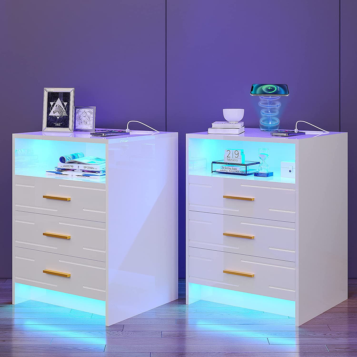 LED Nightstand with Charging Station, High Gloss Nightstands Set of 2