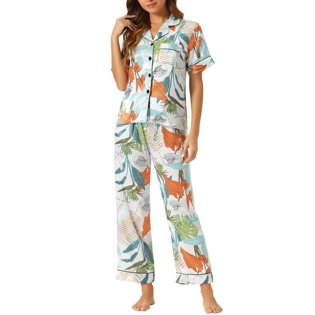 INSPIRAR CHIC Pijamas de Satén para Mujeres en el Día de la Madre, Camiseta de Botones de Manga Corta con Pantalones Sueltos, Conjuntos de Pijamas de Seda S Verde