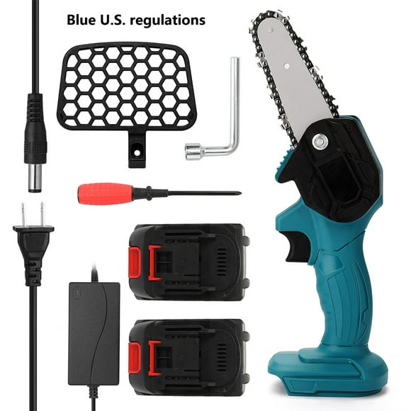 Chainsaw 21V 1680W Electric Rechargeable Pruning Saw Handheld Chain Saw Electric Chainsaw Portable Woodworking Chain Saw, Blue, US Plug