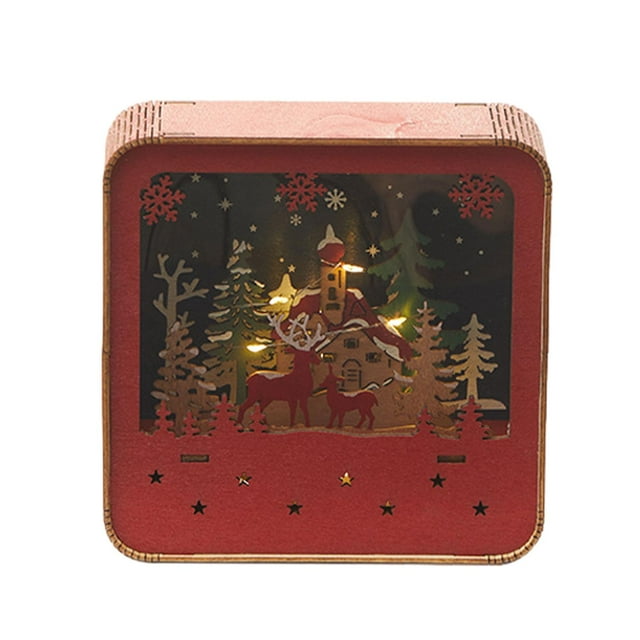 Figuras de casa de nieve navideñas, decoración con luz cálida, cabaña de troncos brillante para Cuadrado
