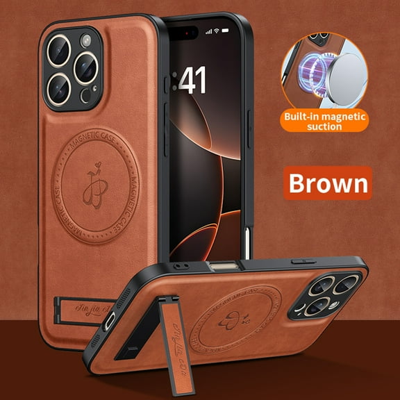 TECH CIRCLE for iPhone 17 Pro Strong Magnetic PC TPU Case, Detachable Folding Metal Stand Luxury Ultrathin Genuine Leather Cover Slim Lens Protection Shockproof,Brown