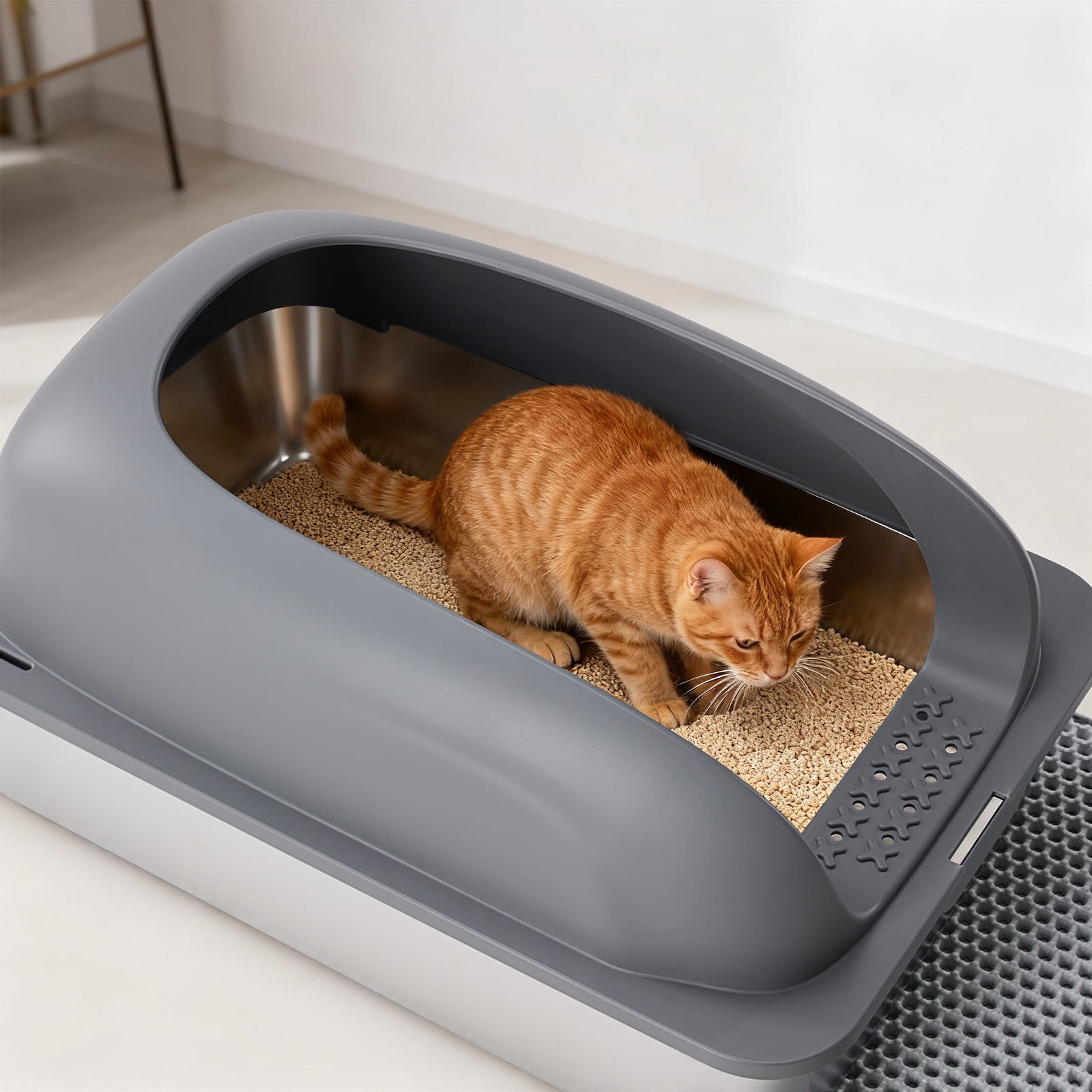 CONCETTA 24in Stainless Steel Cat Litter Box with Lid, Large Cat Litter Box for Cats, High Wall Sides, Anti-Urine Leakage, Easy Cleaning, Scoop and Mat Included, Dark Grey