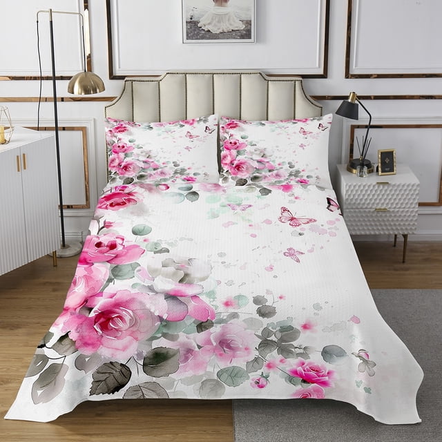 Erosebridal Pink Flower Coverlet Set Twin for Girls, Ink Painting Style Bedding Set, Microfiber 2pcs