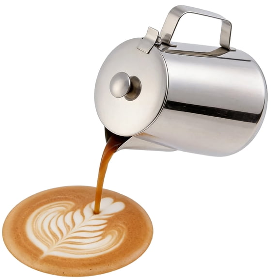 12 oz Stainless Steel Milk Frothing Pitcher with Lid – 304 Steel Latte Art Pitcher, V-Spout for Precision Pouring, Integrated Handle, Rustproof & Easy Clean, 4.7" x 3"