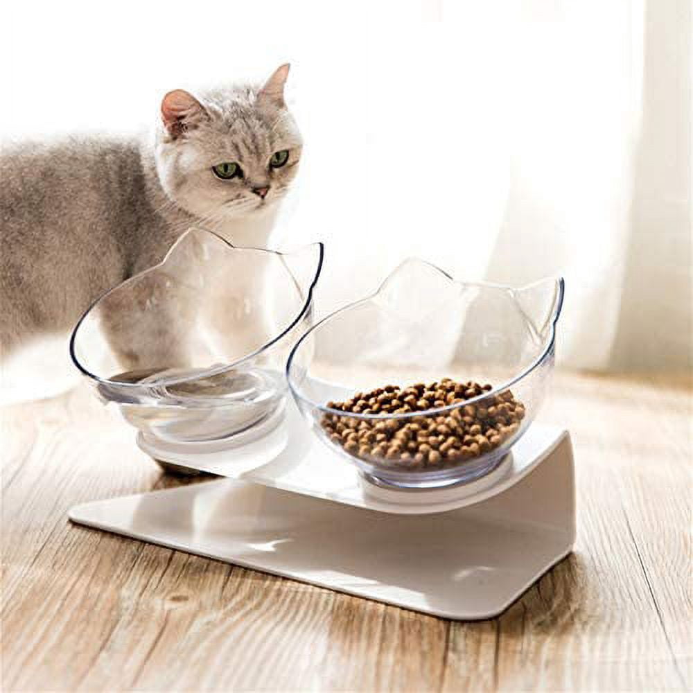 "15°Elevated Cat Food Bowls with Silicone Pet Mat, Double Raised Cat Transparent Plastic Bowl with Stand, Stress-Free Suit for Cats and Small Dogs, Anti Vomiting cat Bowl, Cute Cat Face Bowl"