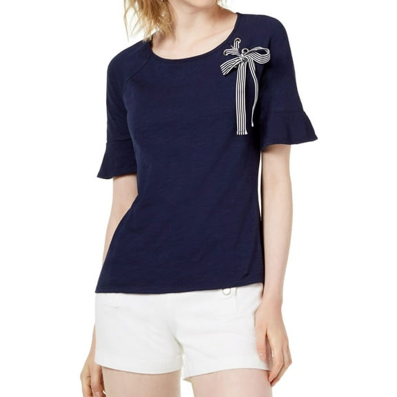 maison Jules Womens Grommet Ribbon Basic T-Shirt, Blue, X-Small