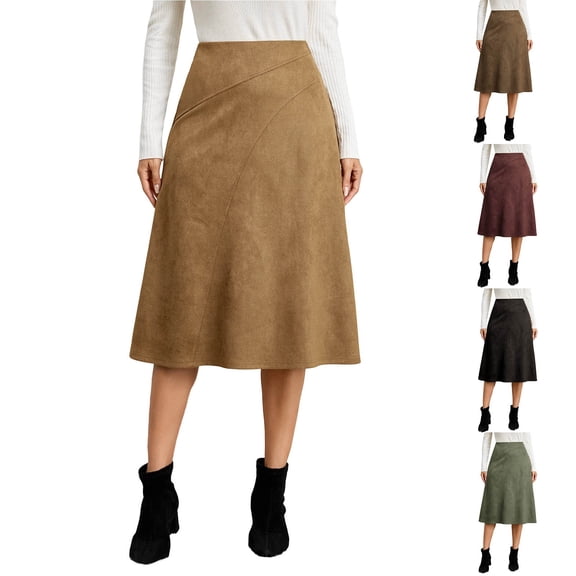 UKHCCC Women's Faux Suede A-Line Maxi Skirt High Wrap Elastic Waist Casual Flowy Midi Length Fall Winter Office Party Boho Chic Solid S-XL