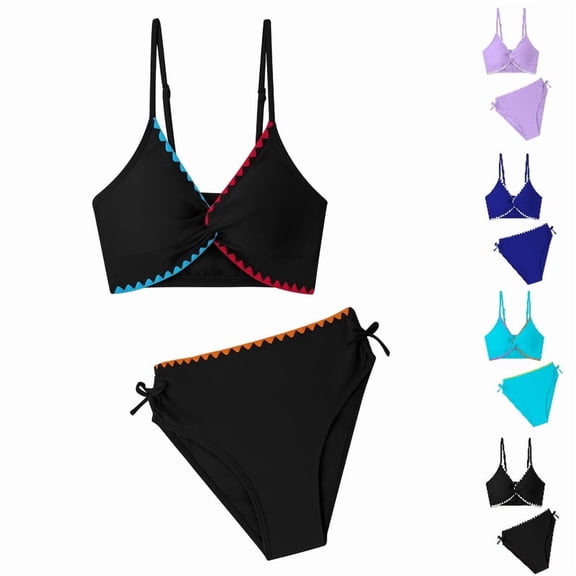 DGMIOCS Girls Swimsuits Twist V Neck Drawstring Cute Girls Bikini Swim Two Piece Sets with Chest Pad Size: 9-10 Years Black1