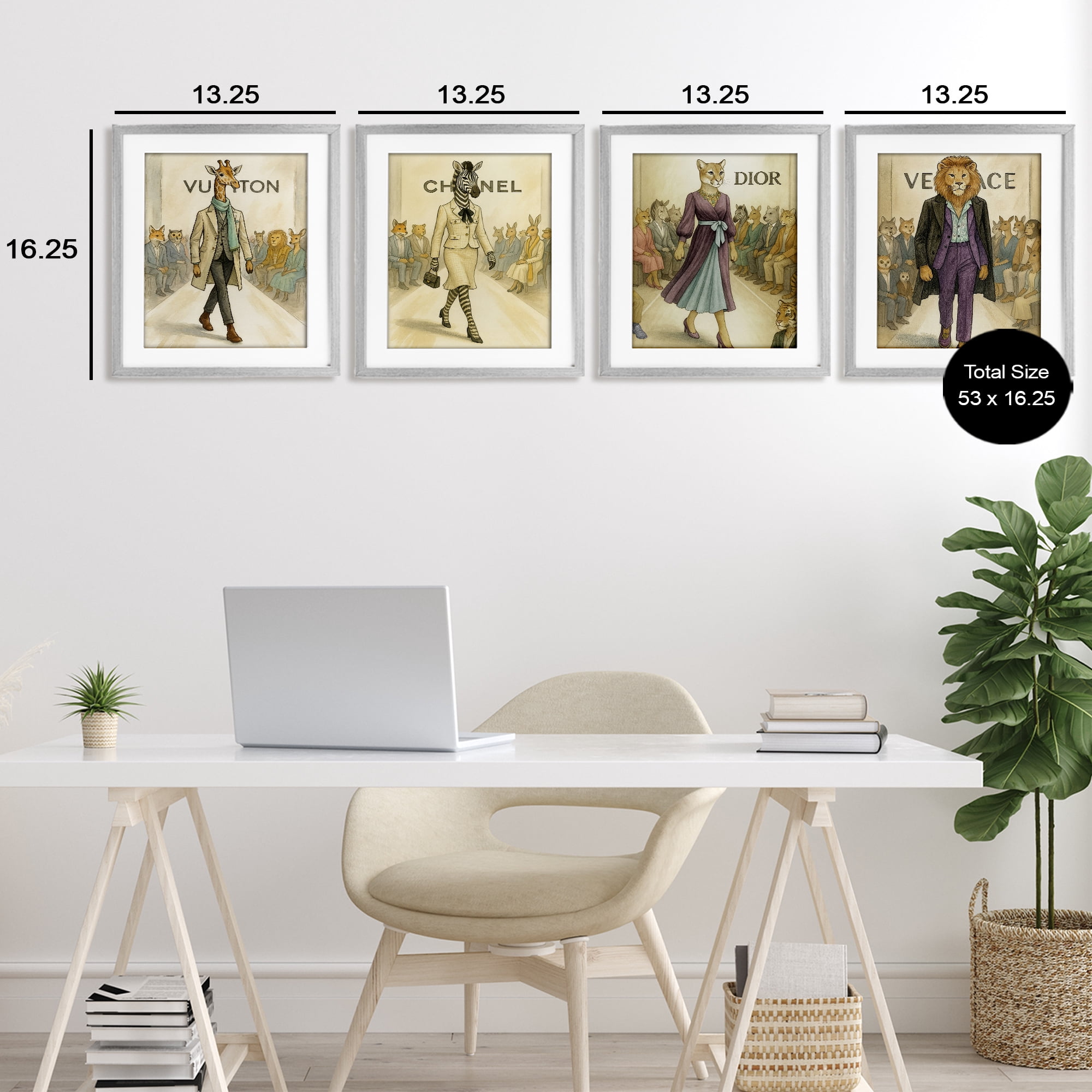 Stupell Industries Fashion Runway Animals 4 Piece Gray Framed Print Under Glass Set, design by Grotto Studios