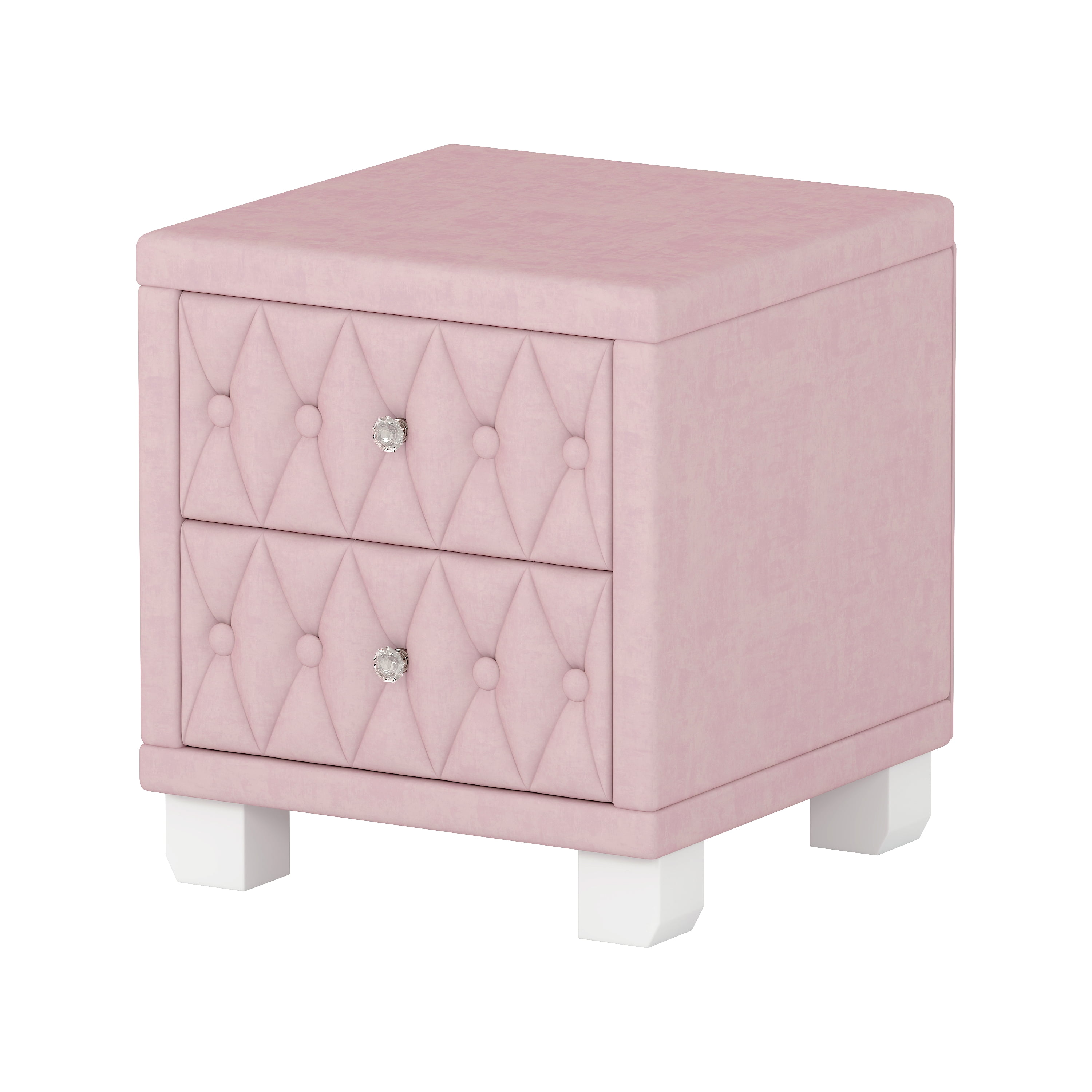 Euroco Velvet Nightstand with 2 Storage Drawers and Crystal Handle,Bedside Table End Table with Button-Tufted for Bedroom Living Room,Pink