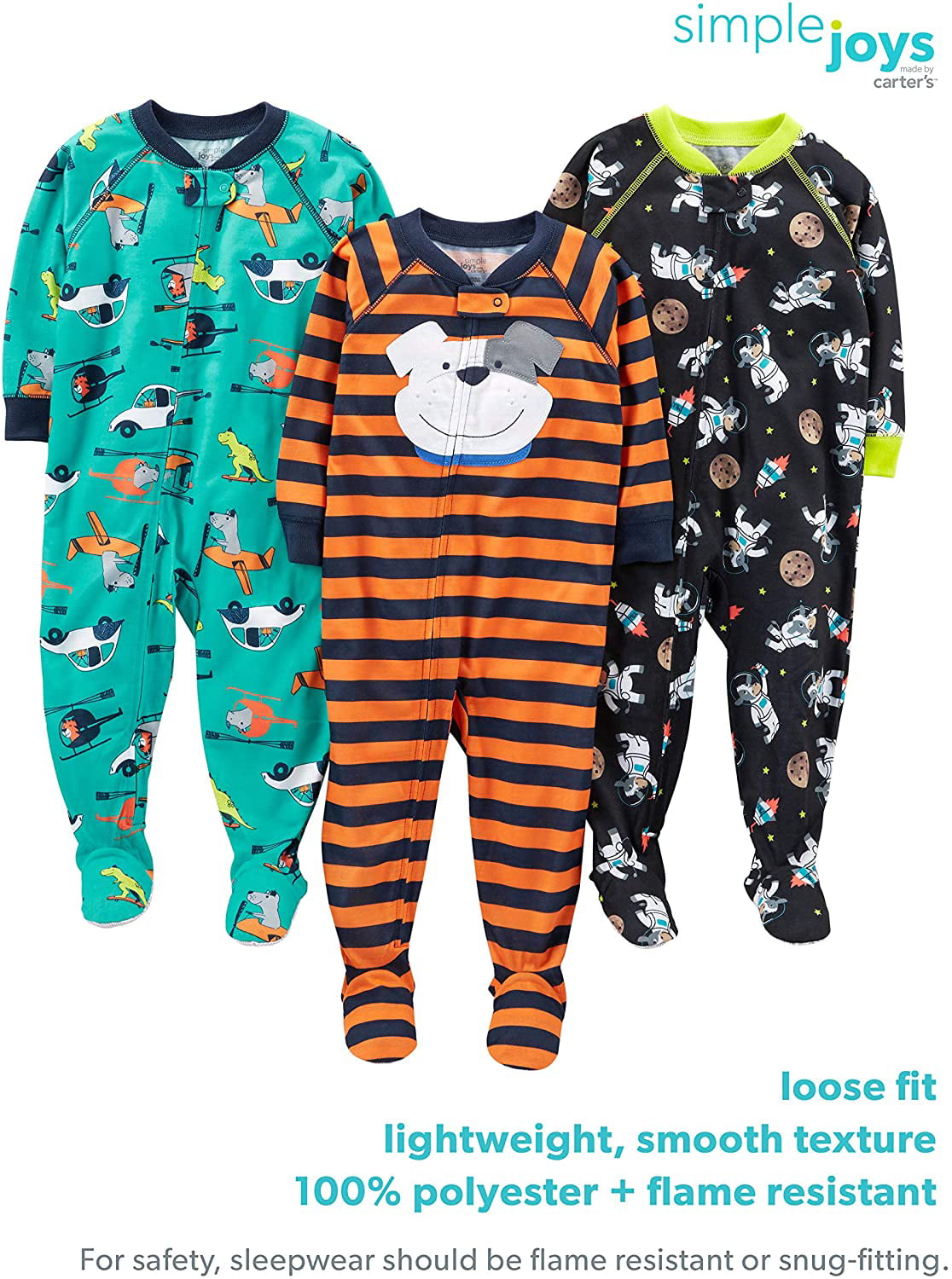 Simple Joys by Carter's Girls 3-Pack Loose Fit Flame Resistant Polyester Jersey Footed Pajamas 