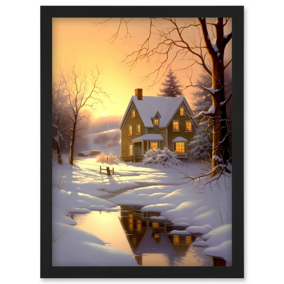 Sunrise Winter Cottage Landscape Oil Painting Snowy Countryside Snow Lake Trees Artwork Framed Wall Art Print A4