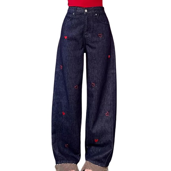 lulshou High Waisted Pants for Women Summer Lightweight Denim Pants High-Waisted Wide-Leg, Plus Size Available, Heart Embroidery Casual Versatile Daily Wear Jeans, Blue, XXXXL