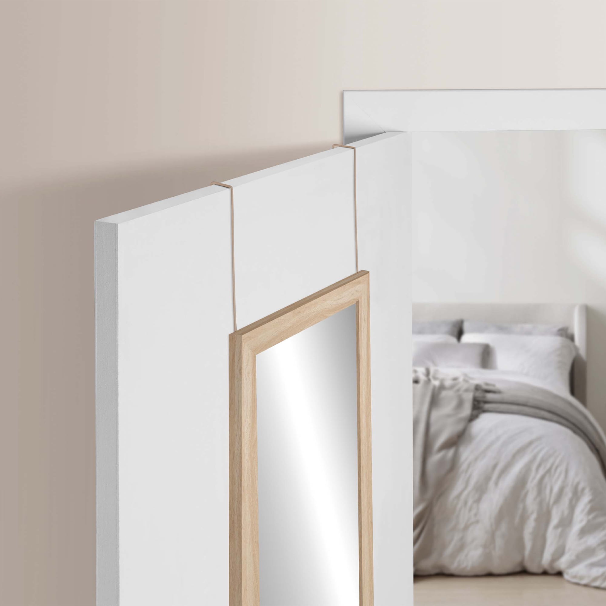 Mainstays Art Gallery Over the Door Framed Mirror, Full Length Mirror with Two Hooks, Lightwood-Look finish, 14.25x50.45in