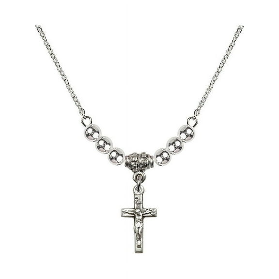 18-Inch Rhodium Plated Necklace with 4mm Sterling Silver Beads and Crucifix Charm