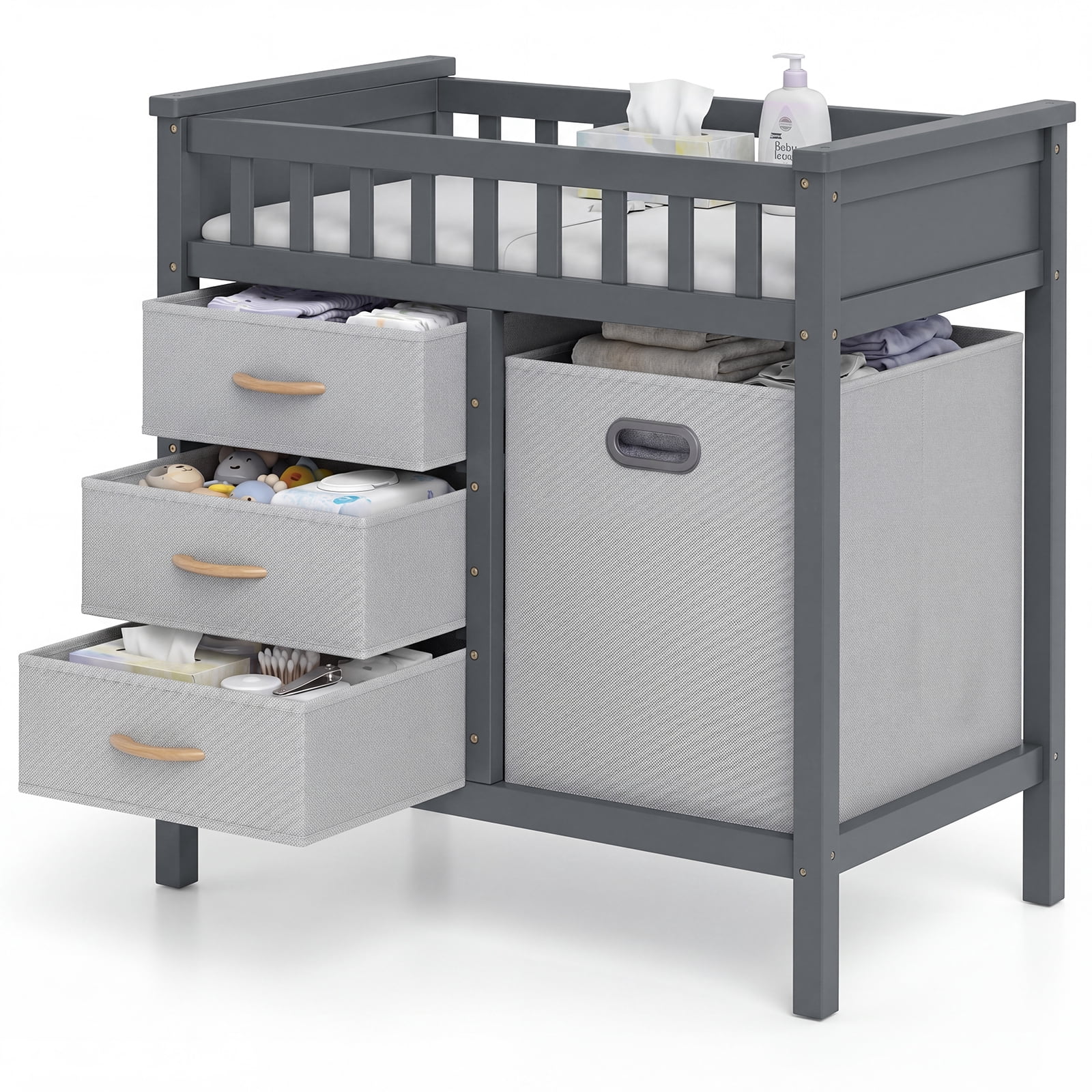 INFANS Baby Changing Table, Wooden Diaper Station Dresser with 3 Fabric Drawers, Laundry Hamper, Safety Belt, Pad for Nursery Infant