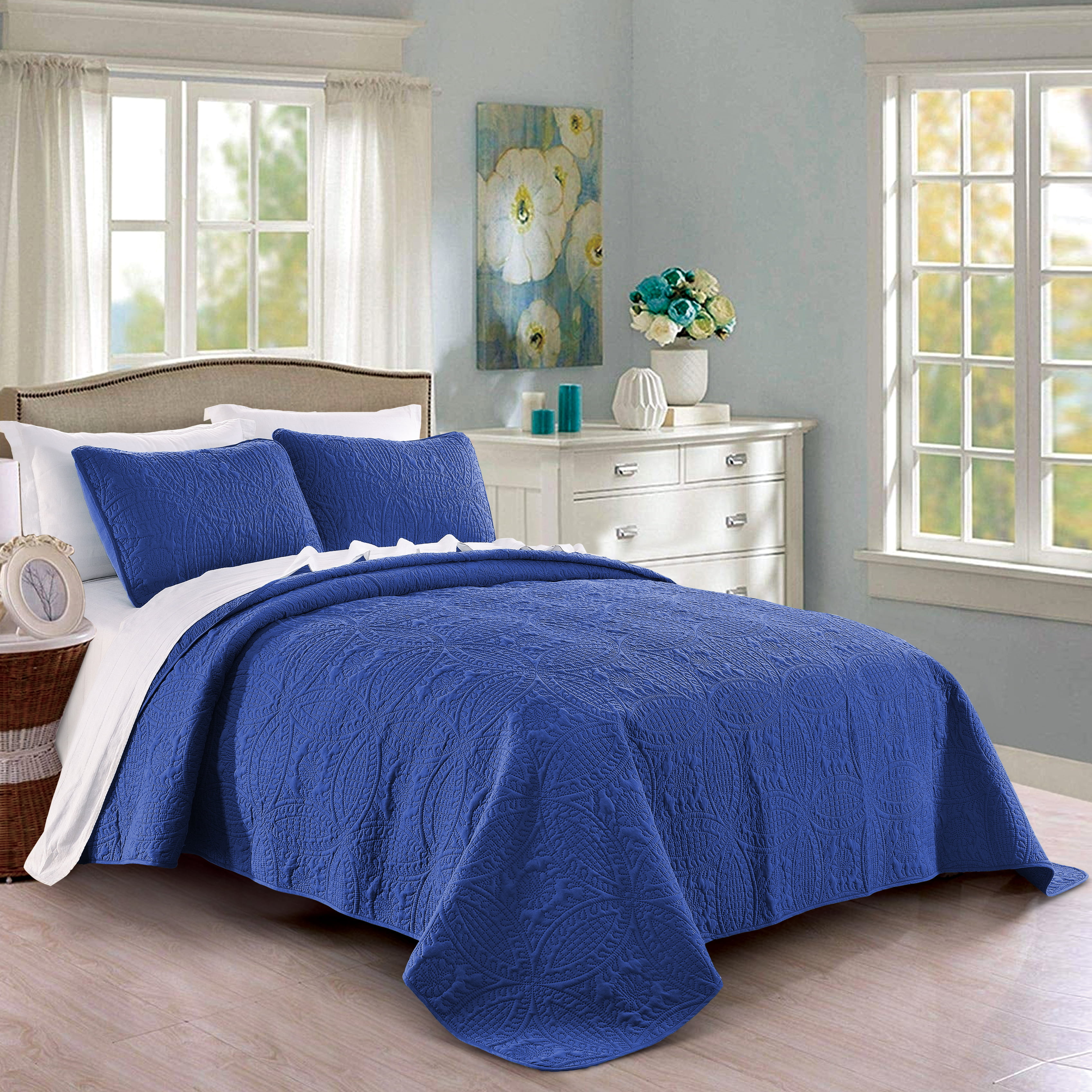 Quilt Set Full Queen Size Royal Blue, Blue Oversized Queen Bedspreads