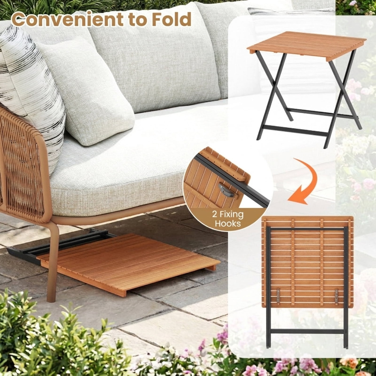 Biotree 28 Inch Folding Square Outdoor Table with Slatted Acacia Wood Top for the Patio Backyard and Porch to Enjoy Meals and Drinks Outside, Black