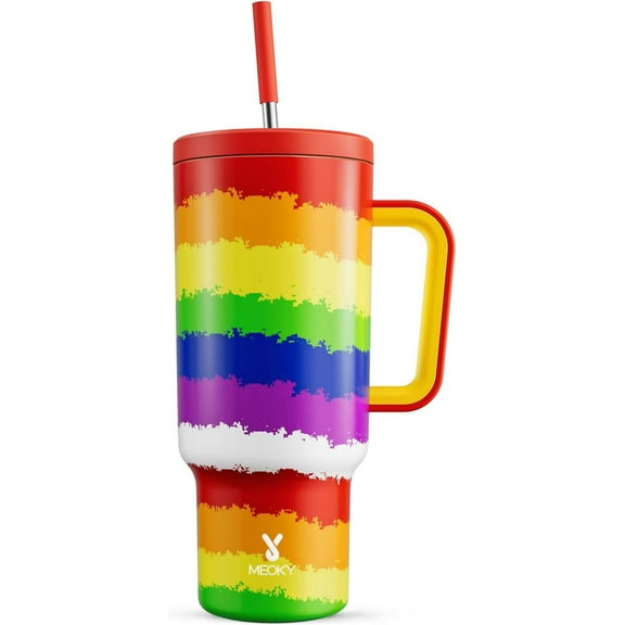 40 Oz Tumbler with Handle and Straw, Tumbler with Lid and Straw, Insulated Stainless Steel Travel Mug, 100% Leak-Proof, Keeps Cold for 34 Hours (Rainbow Flag)