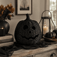 thumbnail image 4 of Aximioll Halloween Black Rattan Pumpkin Lantern 11.8In, Farmhouse Woven Jack-O-Lantern Basket Decor, Cutout Face Candle Holder for Porch Entryway Fireplace Mantel Table Living Room, Black, 4 of 7