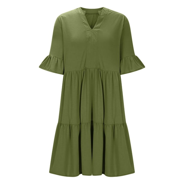 olive casual dress SHEIN Plus Size Olive Green Dress Women Summer V-Neck Short Sleeve Button Detail Pleated Front Midi Smart Casual Vacation Holiday Solid Casual Dress