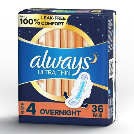 Always Ultra Thin Pads Size 4 Overnight Absorbency Unscented with Wings, 36 Count