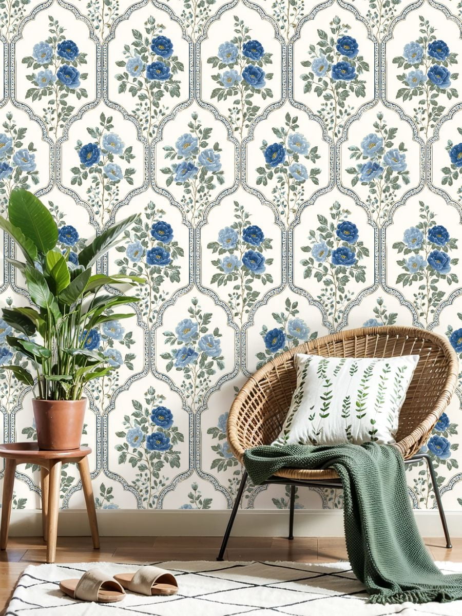 Sage Green Peel and Stick Wallpaper Vintage Blue Floral Arched Green Leaves Wall Mural 17.7in x 9.8ft Self Adhesive Removable Wall Paper Renter Friendly Wallpaper for Girls Bedroom