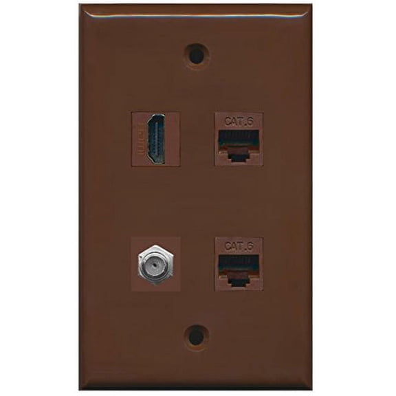 RiteAV - 1 Port HDMI 1 Port Coax Cable TV- F-Type 2 Port Cat6 Ethernet Wall Plate - Brown