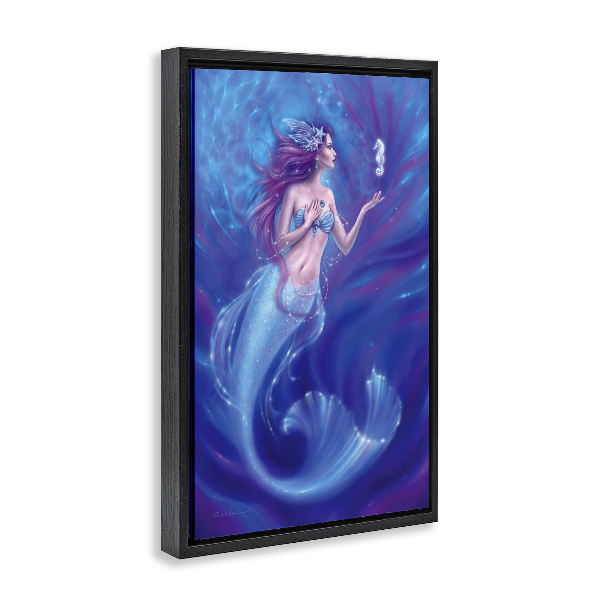 Jewel Bedecked Mermaid & Seahorse Black Framed Floater Canvas Wall Art, design by Rachel Anderson