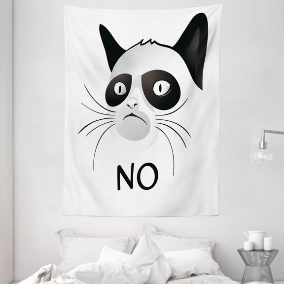 Animal Decor Tapestry, Cat Face Portrait Says No Grumpy Social Character Kitty Domestic Artful Image, Wall Hanging for Bedroom Living Room Dorm Decor, 60W X 80L Inches, Black White, by Ambesonne