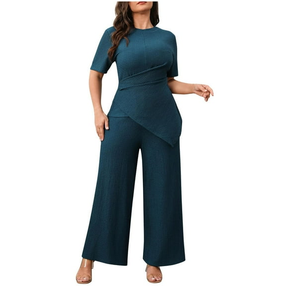 2 Piece Sets Plus Size for Women Summer High Low Hem Short Sleeve Tunic Shirt & Wide Leg Pants Vacation Outfits