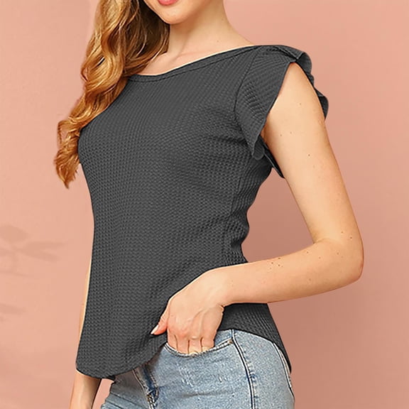 YHAJDS Women's Basic T-shirts Round Neck Ruffle Hem Short Sleeve Solid Color Tee
