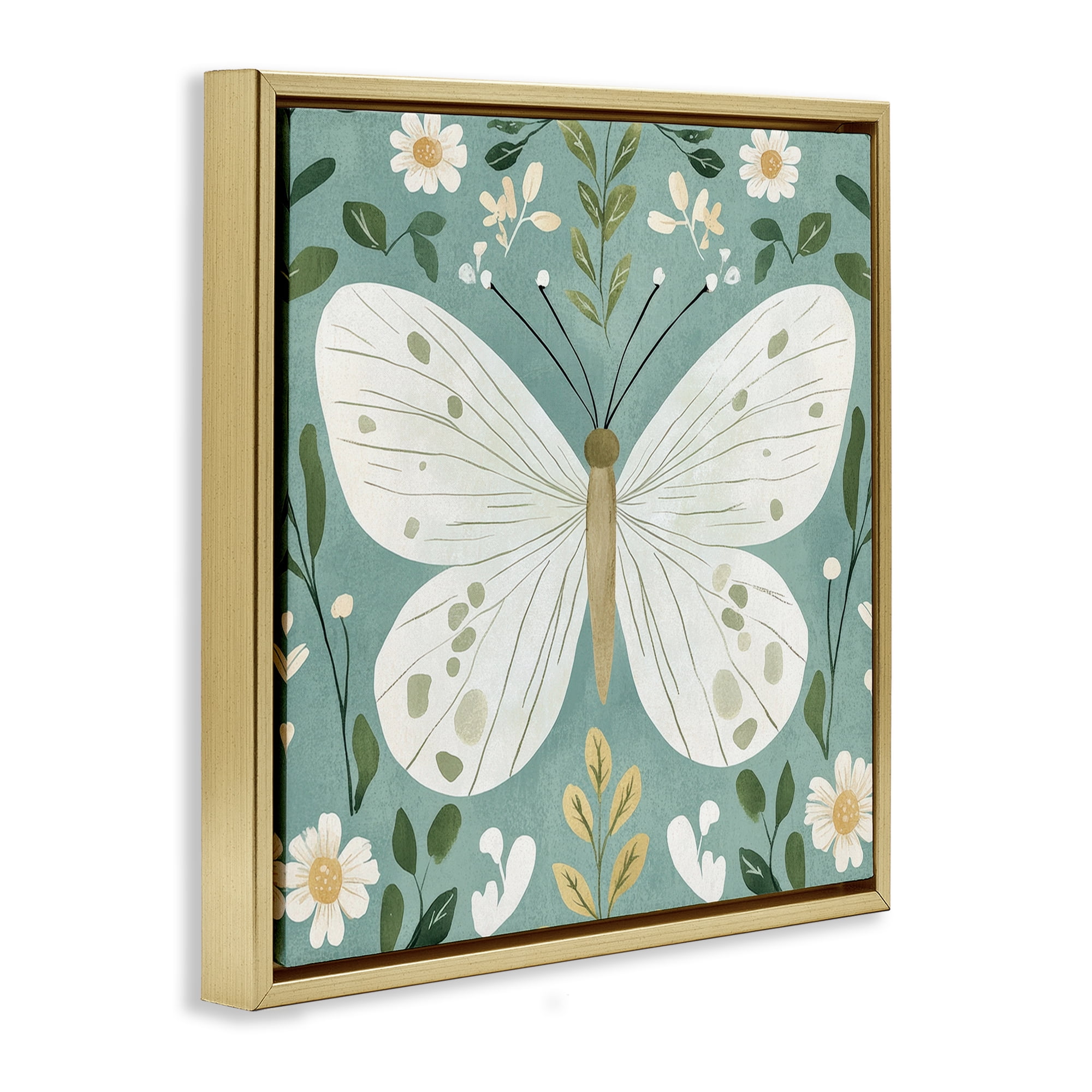 Stupell Industries Teal Butterfly Garden with Daisies Gold Framed Floater Canvas Wall Art, design by Petal Prints Design