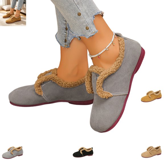 YOUYEDIAN Loafers for Women Fall Winter Plush Lined Warm Round Toe Fashion Comfy Flats Slip On Low Heel Versatile Casual Walking Shoes