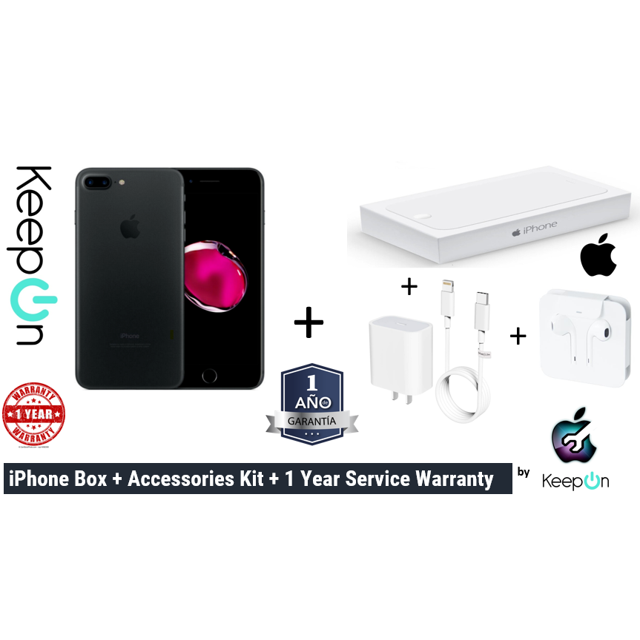 IPHONE 7 PLUS 128 (Incluye 1 año en Reparacion KeepOn + Cargador Rapido y Protector Privado + Earpods + Caja Apple + Apple EarPods with Lightning Connector) MATTE BLACK NEGRO Apple REACONDICIONADO