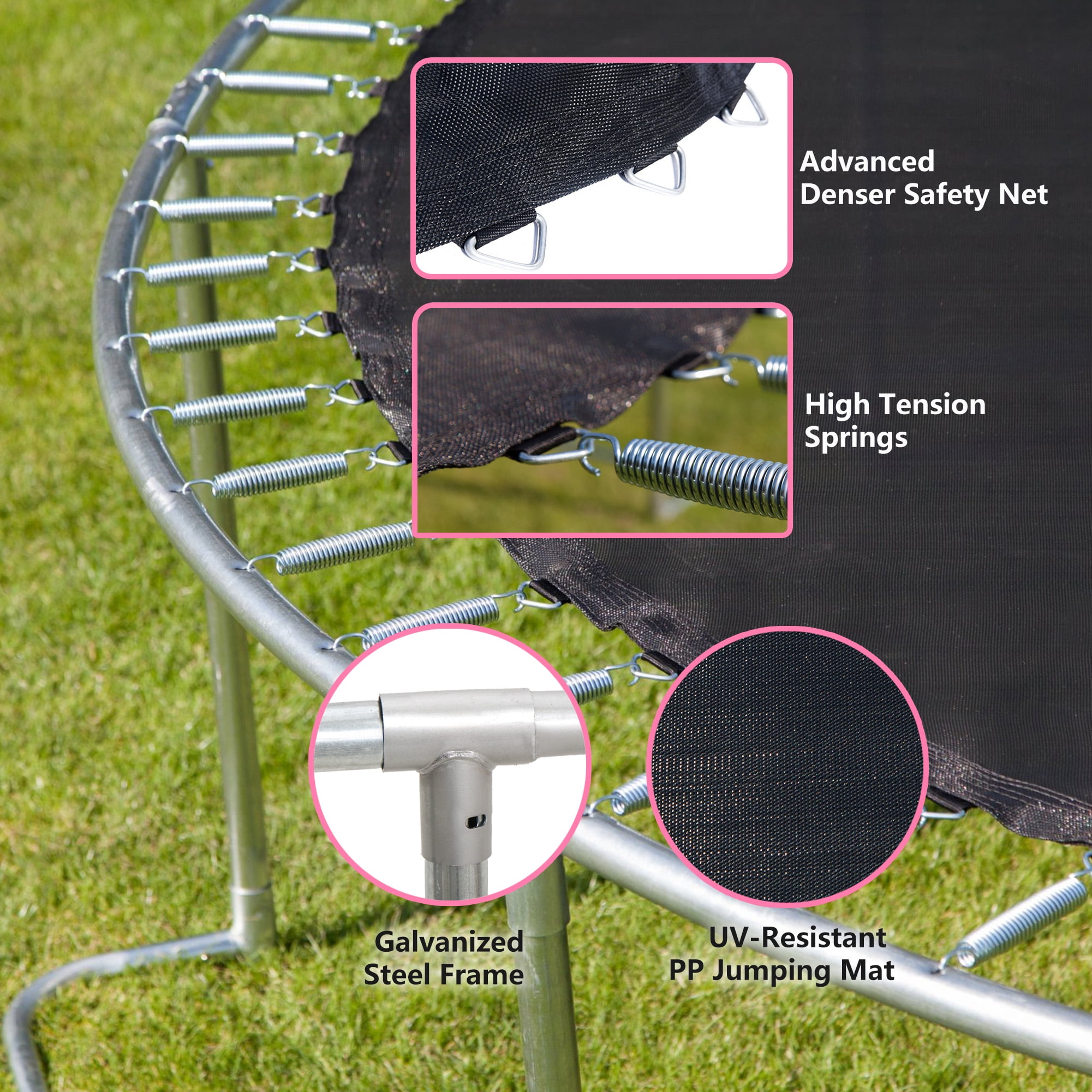 Witaxima YC 8FT Trampoline with Safety Enclosure Net, Heavy Duty Galvanized Steel Frame, 4 L-Shaped Legs for Stability, Pink and Black, ASTM & CPC Certified