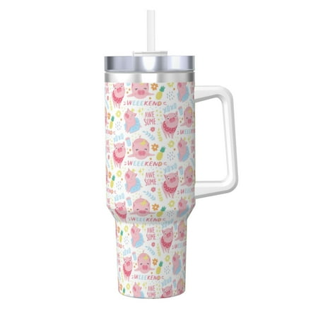 

Gaeub Cute Pig Print Stainless Steel Hot/Cold Coffee Cup 40oz Ice Bully Cup With Handle And Straw Travel Coffee Cup