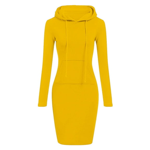 ibuvkizy Fall Midi Dresses for Women 2025 Drawstring Hooded Long Sleeved Casual Fashion Dress with Pocket Yellow,S