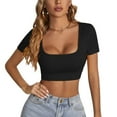 thumbnail image 2 of Jdlsppl Women's Sexy Shirt Crop T Shirt Short Sleeve Square Neck Fashion Soft Summer Spring Cool Basic Top Black Medium, 2 of 4