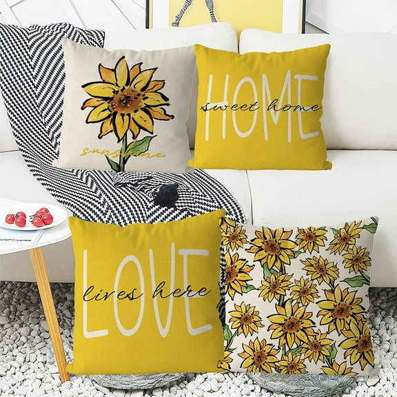 Set of 4 Sunflower Pillow Covers 18x18inch Spring Summer Pillow Covers Yellow Floral Throw Pillow Covers Cushion Covers Square Pillow Cases for Couch Sofa Patio Outdoor Home Decorations