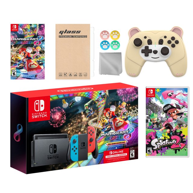 Nintendo Switch Mario Kart 8 Deluxe Bundle: Red/Blue Console, Mario Kart 8 & Membership, Splatoon 2, Mytrix Wireless Pro Controller Peary Yellow Bear and Accessories