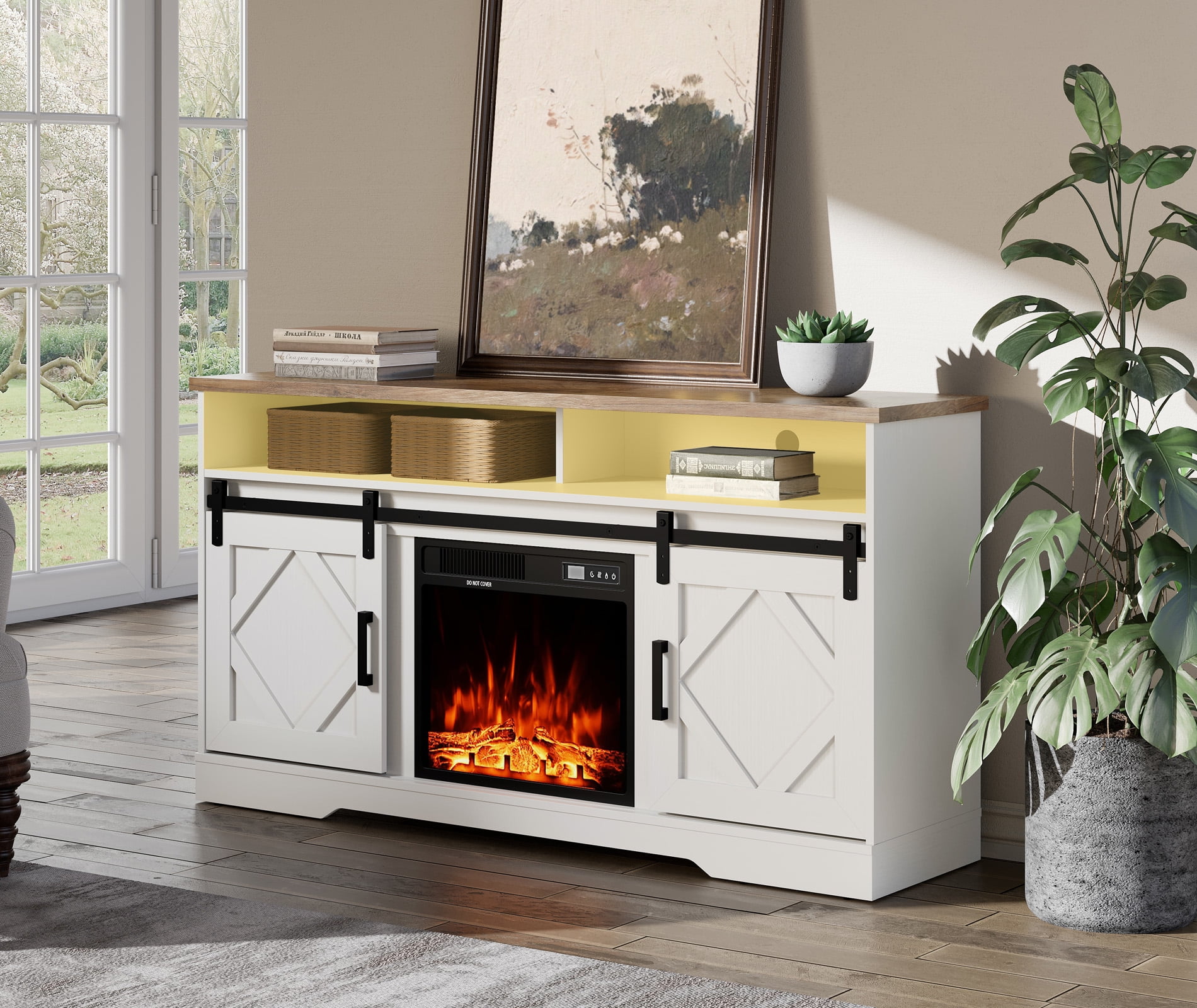 Farmhouse Electric Fireplace TV Stand for TV's up to 65 inch, Wooden Entertainment  Center with 2 Sliding Barn Doors Storage for Living Room,White - Walmart.com