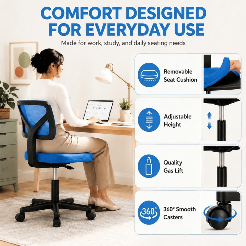 BEAUTYPEAK Desk Chair with Y-Shaped Lumbar Support Adjustable Armless Mesh Office Chair with Wheels for Home Office, Blue