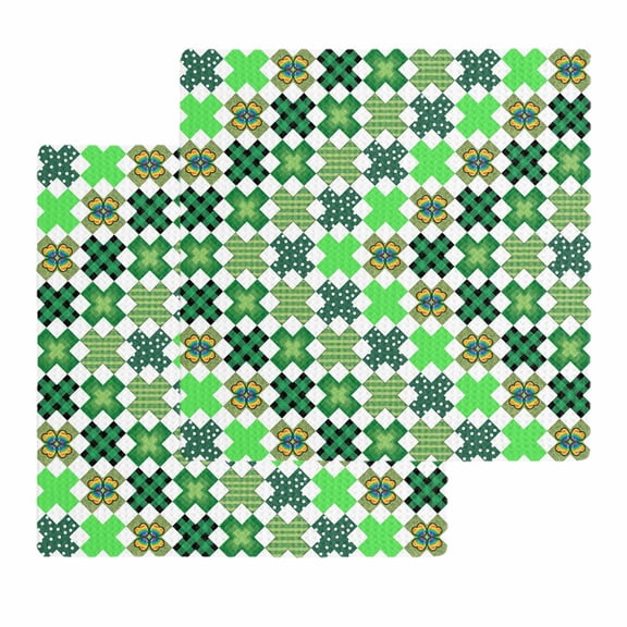 Saint Patrick's Day Kitchen Dish Towels for Drying Dishes Set of 2, Green Plaid Clovers Geometric Waffle Weave Microfiber Hand Tea Bathroom Towels Quick Dry & Absorbent Towel 12x12