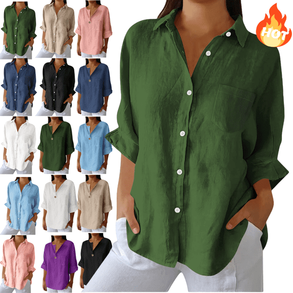 Mifsaly Cotton Linen Shirts for Women Lapel Button Down Long Sleeve Blouse Lightweight Breathable Blouse Office Dressy Casual T-Shirts Loose Fit Teacher Tops Outfits XL