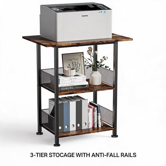 3-Tier Printer Stand, Industrial Mobile Printer Table with Storage Shelves, Heavy Duty Rolling Printer Cart on Wheels with Lockable Casters, Anti-Fall Guardrail, Waterproof Board, for Home Office