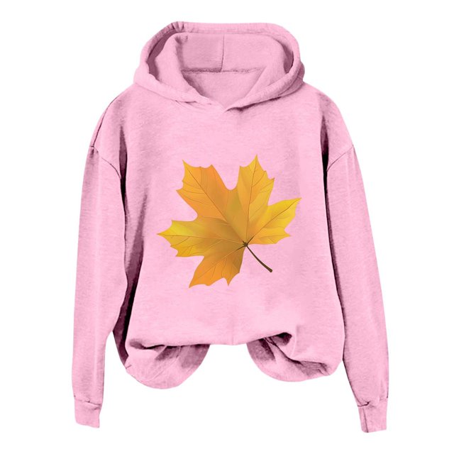 WEAIXIMIUNG Chandails en Molleton Col Rond Graphique Surdimensionné pour Femmes et Hiver Mode Action de Grâce Jaune Imprimé Feuille d'Érable à Capuche