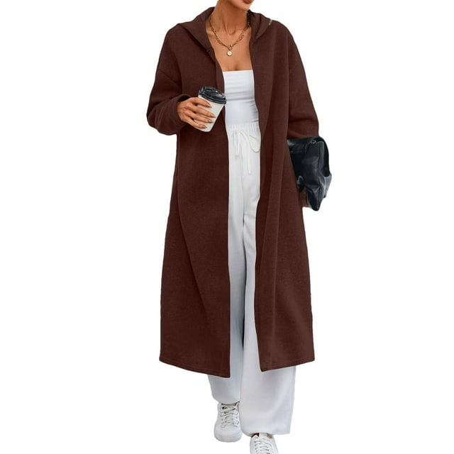 RXMEKW Longline Hooded Open-Front Cardigan for Women with Side Pockets in Nylon Spandex Solid Color