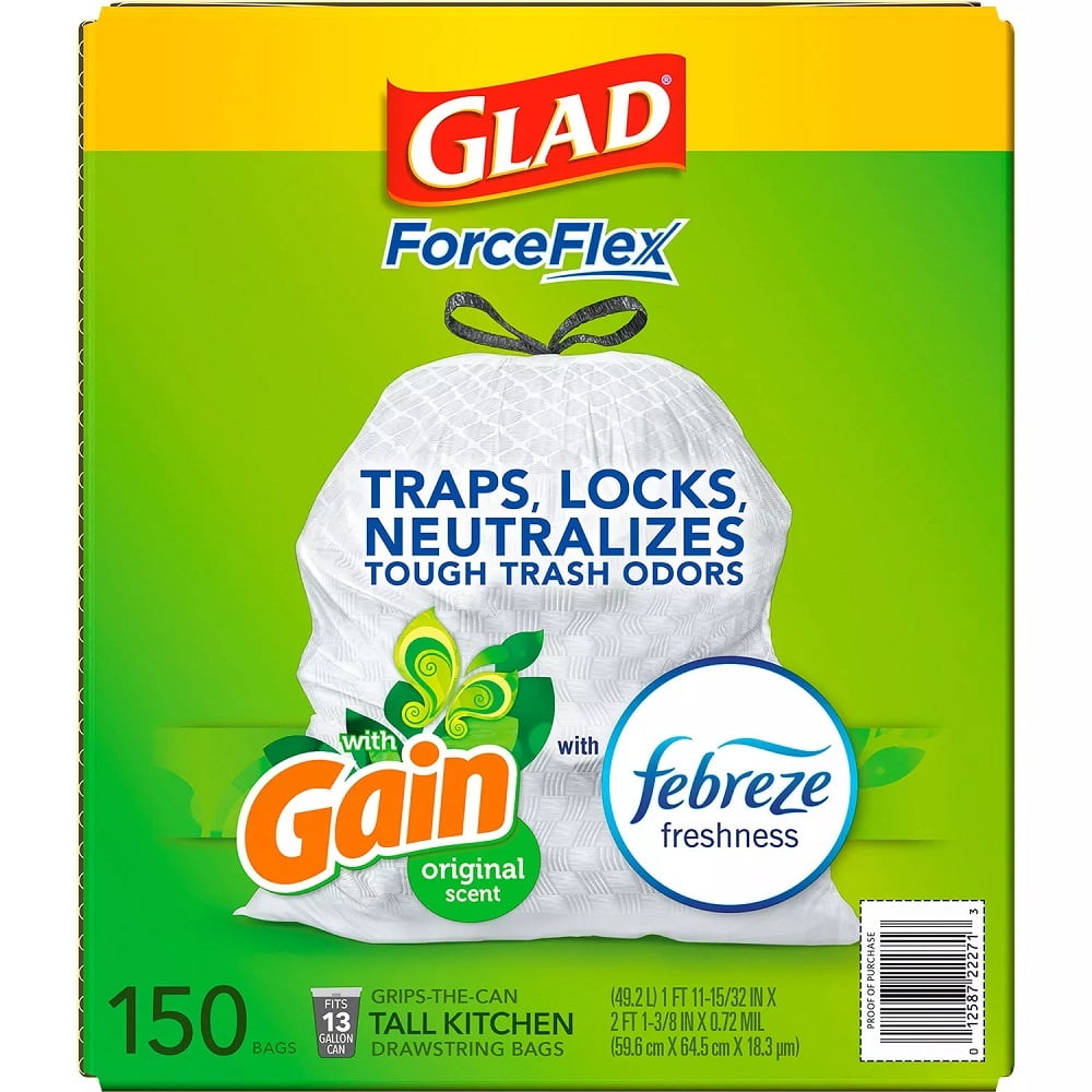  Customer reviews: GLAD ForceFlex Tall Drawstring Trash Bags For  Kitchen Trash Can, 13 Gallon, Grey , Fresh Clean with Febreze Freshness to  Eliminate Odors, 80 Count - Packaging May Vary